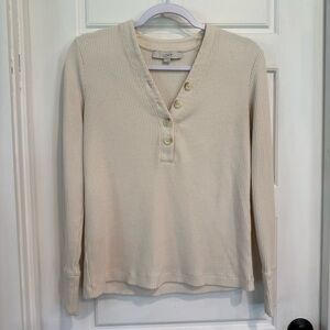 LOFT Ribbed Henley Top Medium Cream Long Sleeve Button Front
